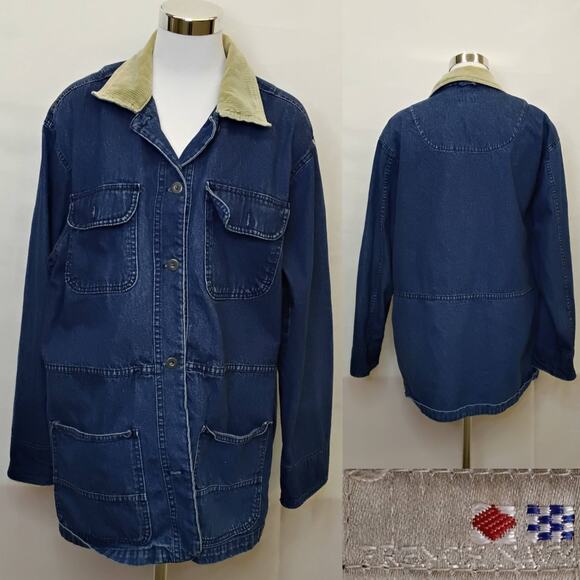 French Navy Jackets & Blazers - French Navy Chore Coat Denim Jacket Women's L Corduroy Collar VTG USA #J5573